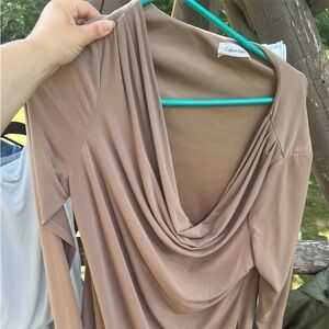 Calvin Klein Long Sleeve Draped Dress - Tan